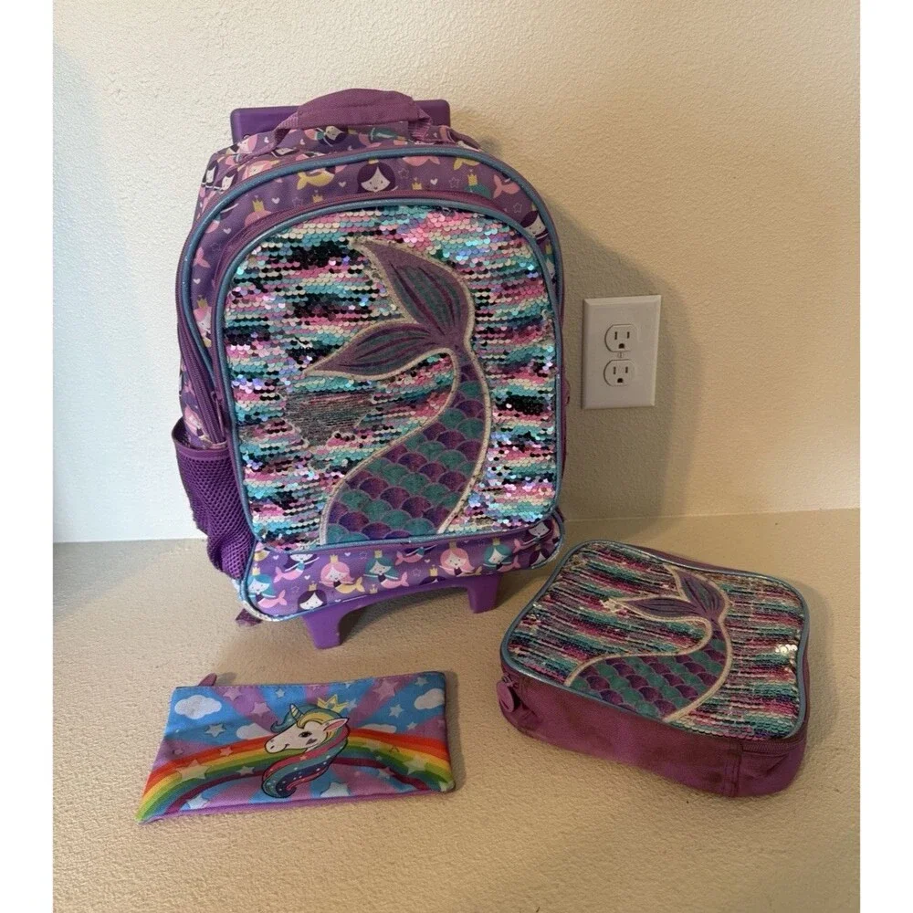 Girls Purple Mermaid Sequin Rolling Backpack Set w/ Lunch Bag & Pencil Case